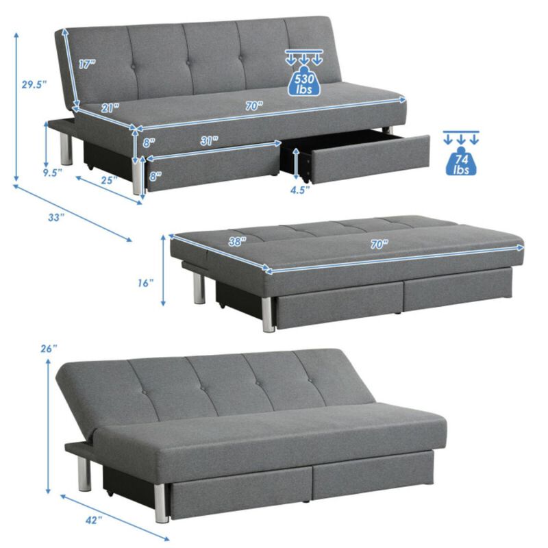 Hivvago 3-Seat Convertible Sofa Bed with 2 Large Drawers and 3 Adjustable Angles