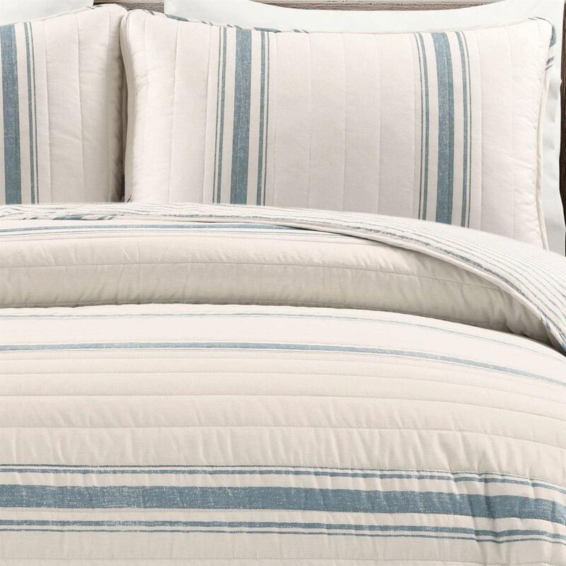 Hivvago Blue Off-White Cream Stripe 3 Piece Reversible Cotton Quilt Set