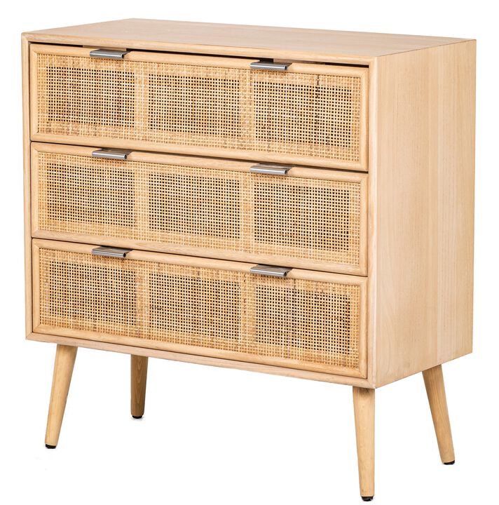 Scandinavian Bedroom Wooden Chest of Drawers with 3 Storage Drawers and Rattan Caning