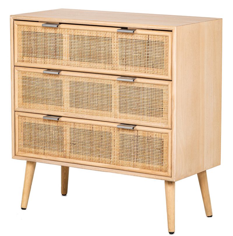 Scandinavian Bedroom Wooden Chest of Drawers with 3 Storage Drawers and Rattan Caning