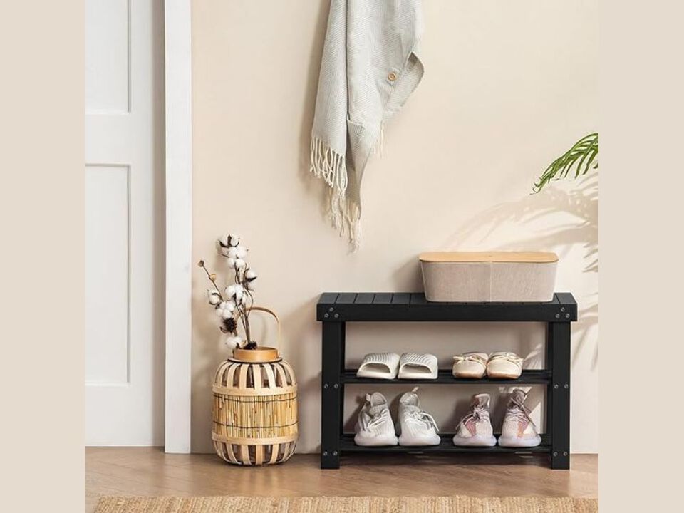 Entryway Bamboo Shoe Storage Bench 3 Tier Space Saving Black