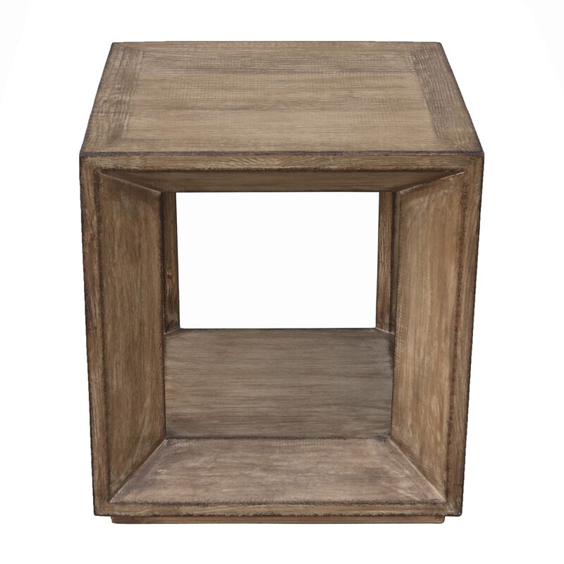 Limy Side End Table, 22 Inch Square Top, Shelf, Antique Brown Wood