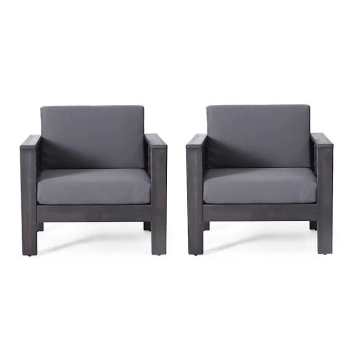 Siyal Outdoor Club Accent Chair Set of 2, Soft Dark Gray, Acacia Wood - Benzara