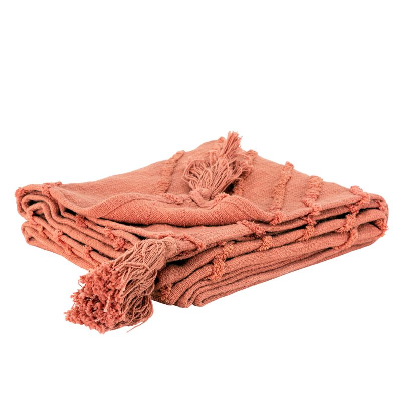 HomeRoots 50" X 60" Coral Cotton Woven Geometric Throw Blanket with Tassels image number 0