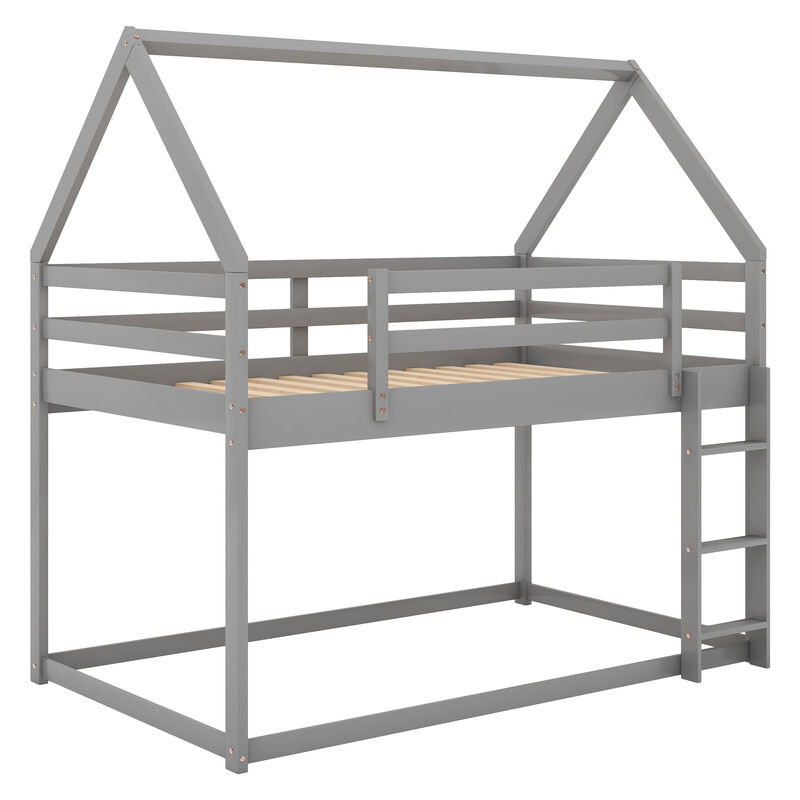 Whisen House-shaped Twin over Twin Low Bunk Bed with Ladder - Gray