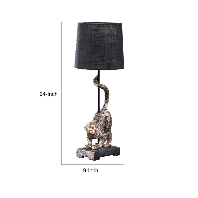 Ree 24 Inch Accent Table Lamp, Monkey Resin Sculpture, Drum Shade, Bronze - Benzara