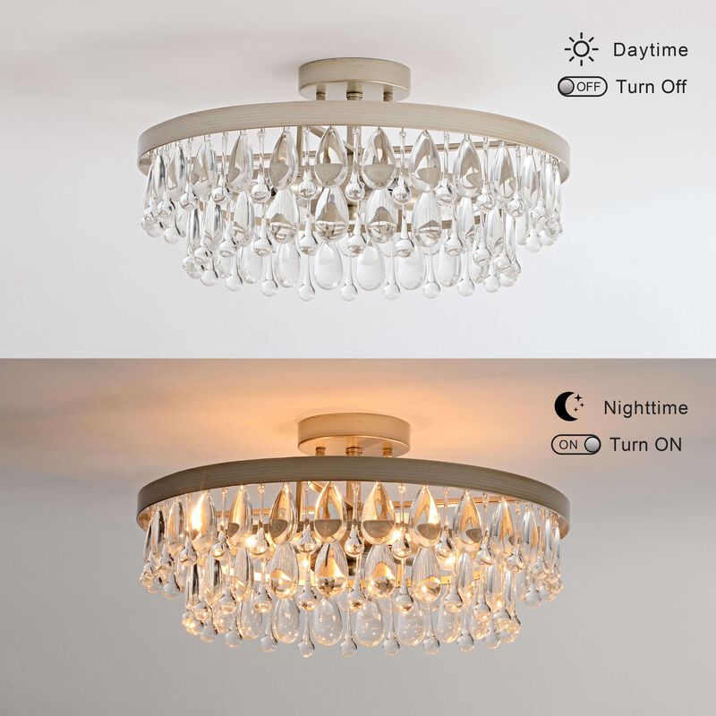 Eva 4-light Brushed Champagne Silver Crystal Teardrop Round Flush Mount image number 2
