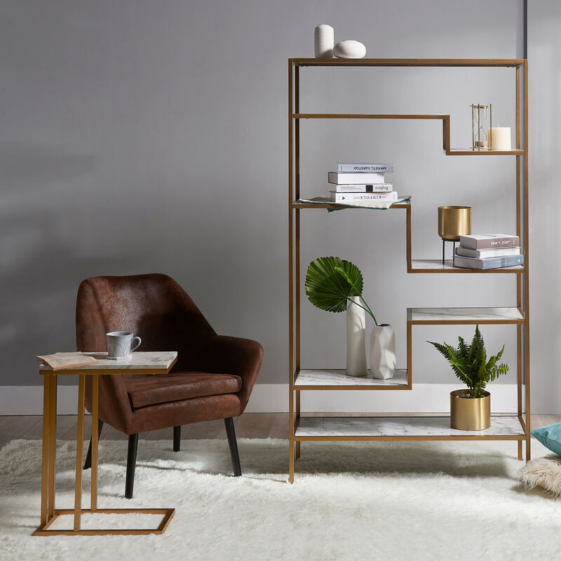 Marmo Modern Marble-Look C Shape Side Table, Marble/Brass image number 1
