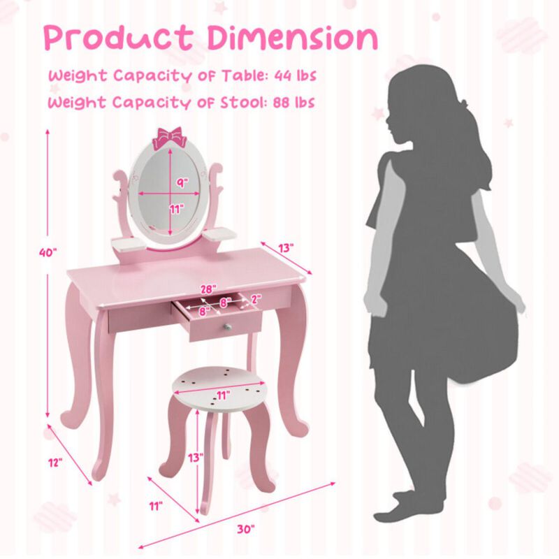 Hivvago Kid Vanity Table Stool Set with Oval Rotatable Mirror-Pink