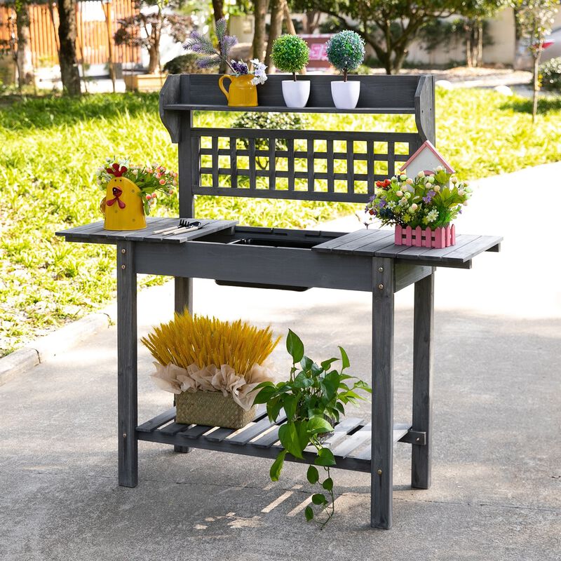 Outdoor Garden Potting Bench with Expandable Top and Plastic Sink for Plants