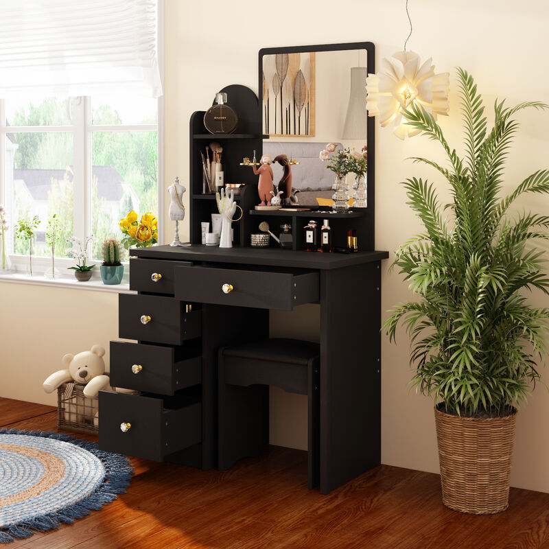 5-Drawers Black Makeup Vanity Sets Wood Dressing Sets With Big Mirror, Stool and 3-Tier Storage Shelves