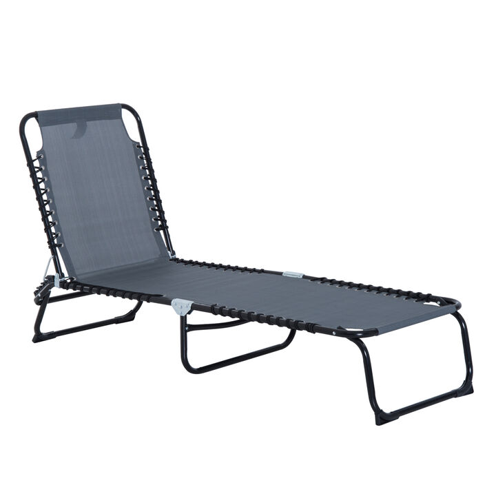 Outsunny Folding Chaise Lounge Pool Chair, Patio Sun Tanning Chair, Outdoor Lounge Chair w/ 4-Position Reclining Back, Pillow, Breathable Mesh & Bungee Seat for Beach, Yard, Patio, Gray