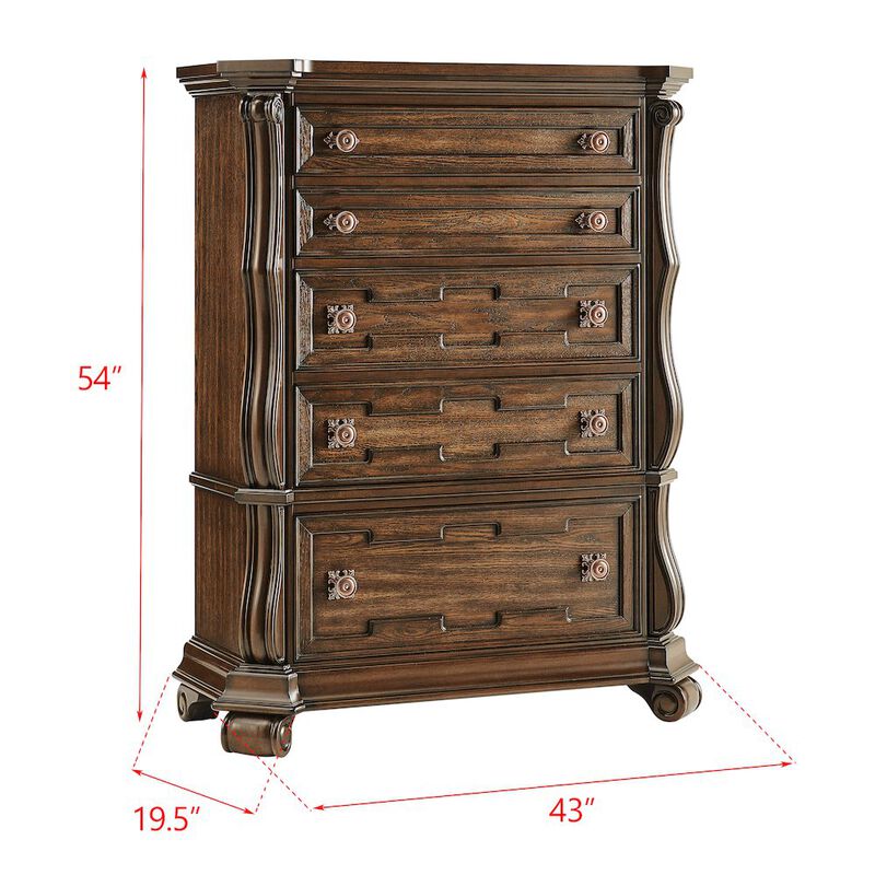 Best Master Furniture Belvedere 54" Traditional 5-Drawer Tallboy Chest, Carved Wood - Dark Cherry image number 5