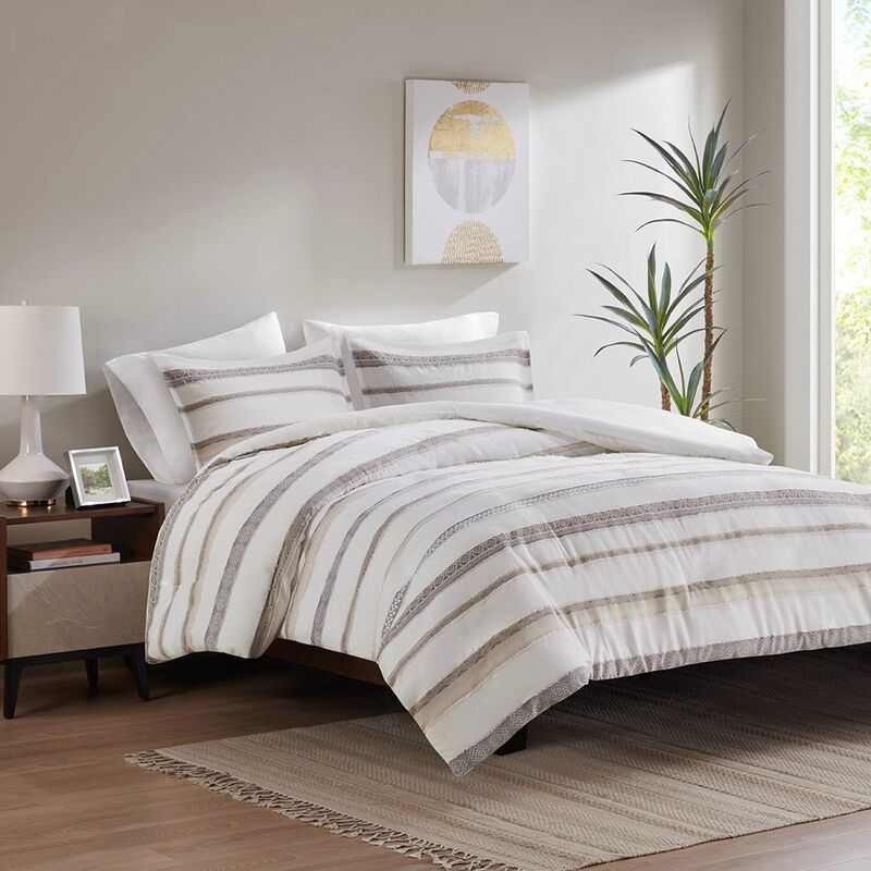 Gracie Mills Ismael Clipped Jacquard Stripe 3-Piece Duvet Cover Set