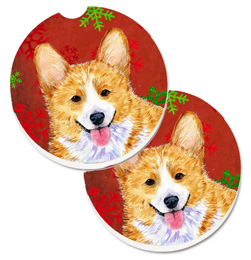 Caroline's Treasures Corgi Red & green Snowflakes Holiday Christmas Set of 2 Cup Holder Car Coasters SS4693CARC, 2.56, Multicolor image number 0