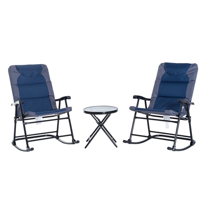 3 Piece Outdoor Patio Furniture Set with Glass Coffee Table & 2 Folding Padded Rocking Chairs, Bistro Style for Porch, Camping, Balcony, Blue