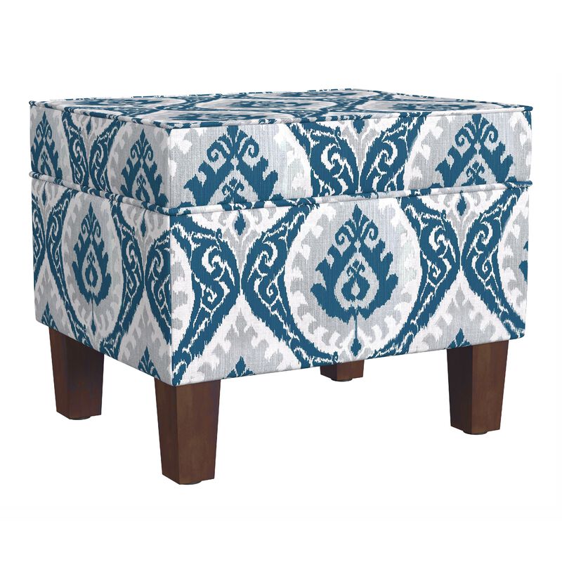 Ishi Accent Storage Ottoman, 22 Inch Blue White Ikat Paisley Pattern - Benzara