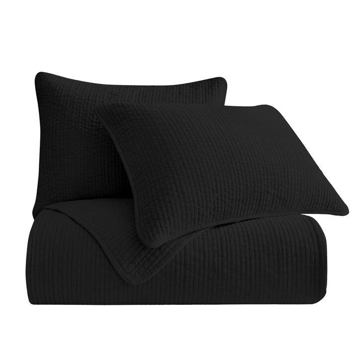 Stonewashed Black Cotton Velvet King Quilt Set