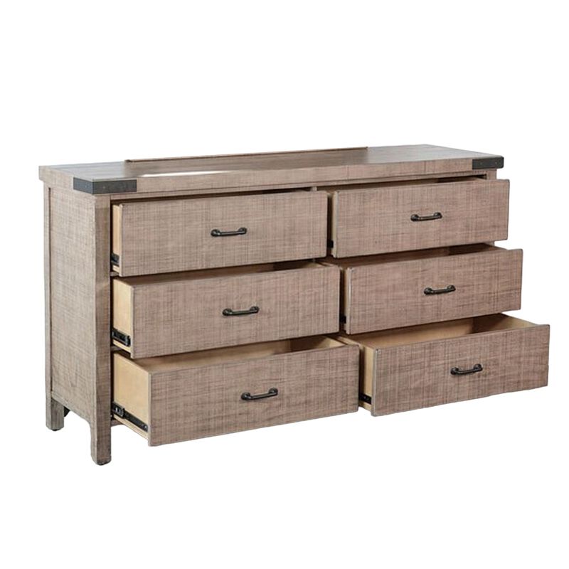 Desy Wide Dresser Chest with 6 Drawers, Light Brown Mahogany Wood - Benzara
