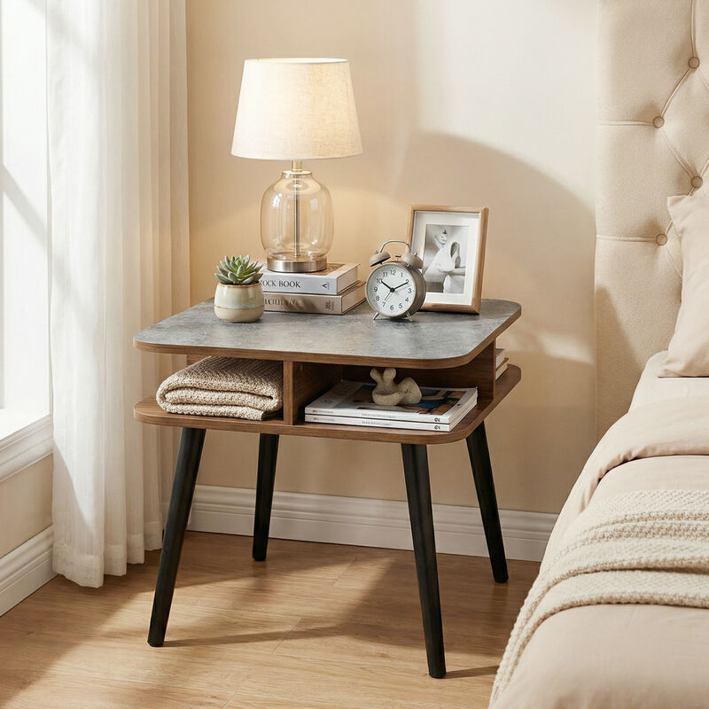 Wooden Side Table with Open Storage Shelves and Rubber Wood Legs image number 5