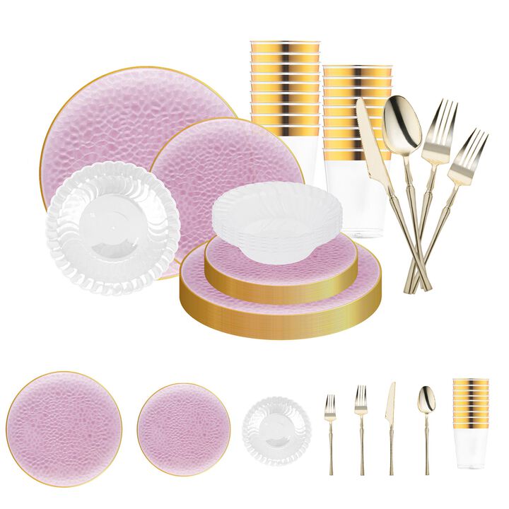 Clear Pink with Gold Rim Hammered Glass Plastic Tableware Set (120 Sets)