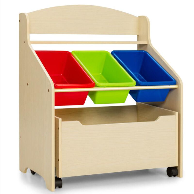 Hivvago Kids Wooden Toy Storage Unit Organizer with Rolling Toy Box and Plastic Bins