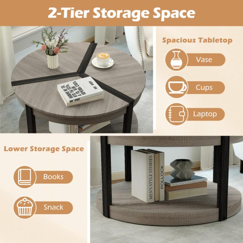 Hivvago Rubber Wood 2-Tier Round Center Table with Spacious Tabletop and Storage Shelf