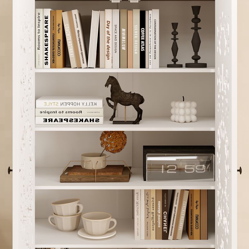 FUFU&GAGA Carved White Wardrobe with 2 Doors & 2 Drawers, Antique Metal Pulls, Wood Grain Top (33.1 in. W x 15.7 in. D x 66.1 in. H)