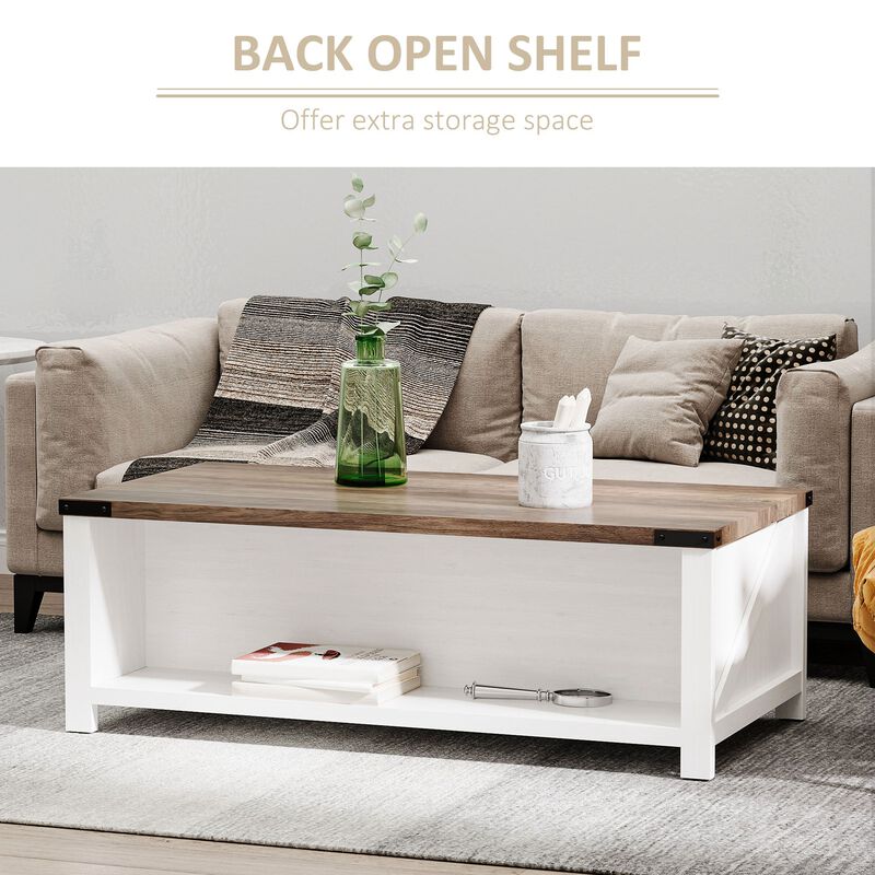Farmhouse Coffee Table with Drawer and Storage Open Shelf for Living Room, White Oak