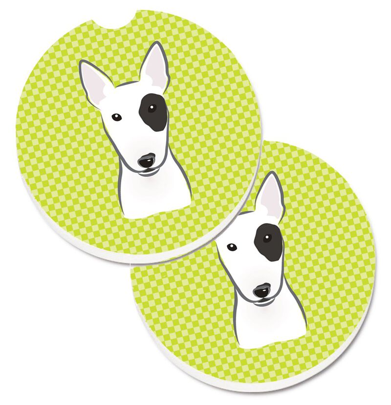 Caroline's Treasures Checkerboard Lime green Bull Terrier Set of 2 Cup Holder Car Coasters BB1271CARC, 2.56, Multicolor