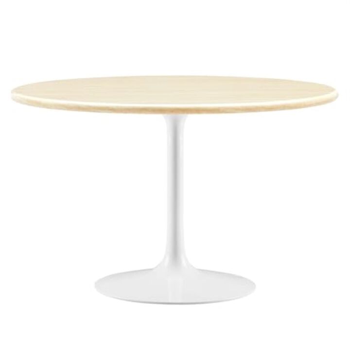 Modway Lippa 48" Round Artificial Dining Table with Tapered, Metal Base, White Travertine
