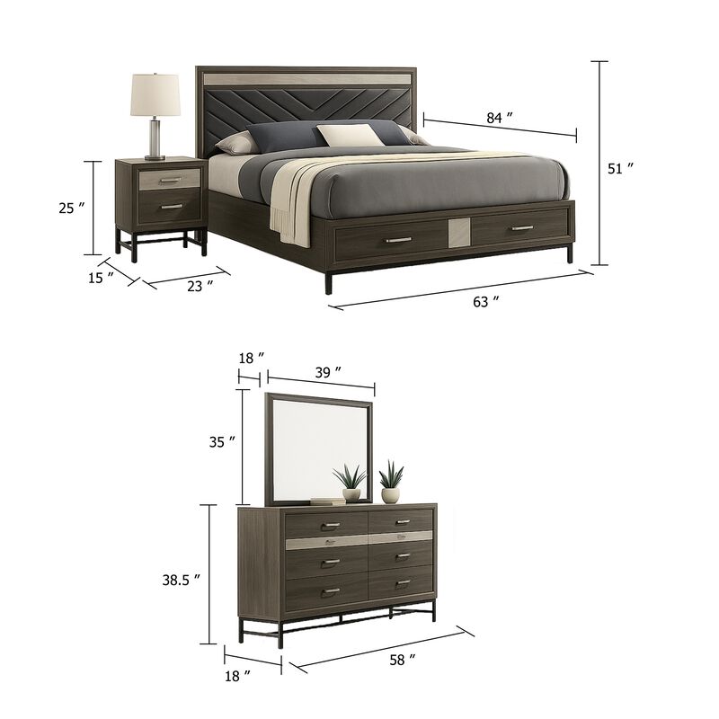 Lito 4pc Complete Queen Bedroom Set, Gray Upholstery, Footboard Drawers image number 4