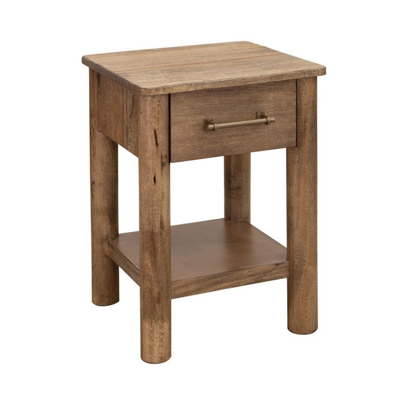 Olum 25 Inch Side End Table, 1 Drawer, Lower Shelf, Square Top, Wood, Brown image number 0
