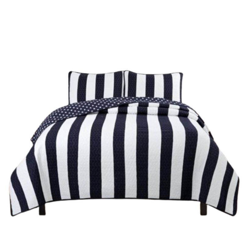 Hivvago King 3 Piece Reversible Navy White Stars Stripes 100 Percent Cotton Quilt Set