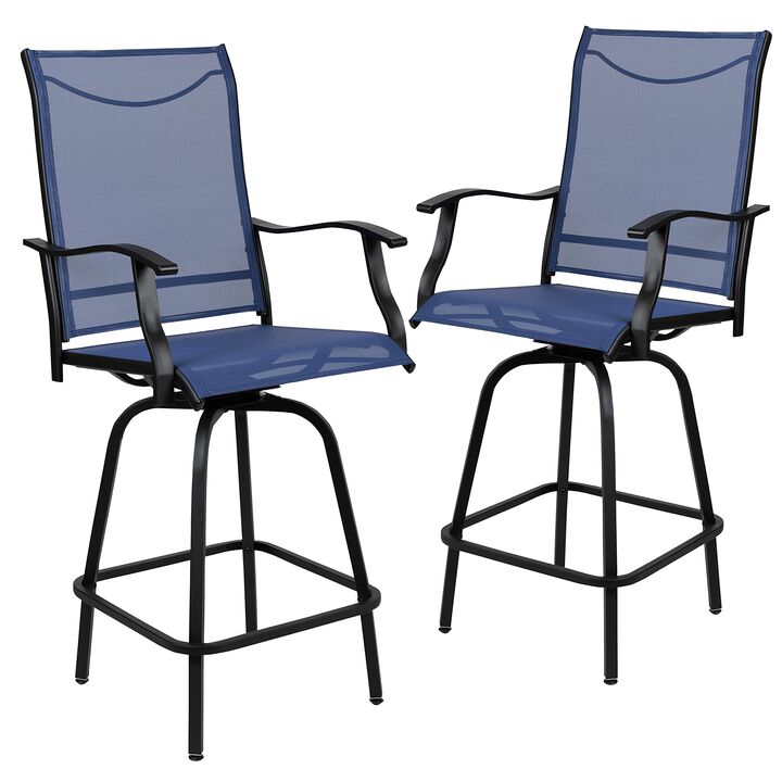Flash Furniture Valerie Patio Bar Height Stools Set of 2, All-Weather Textilene Swivel Patio Stools with High Back & Armrests in Navy