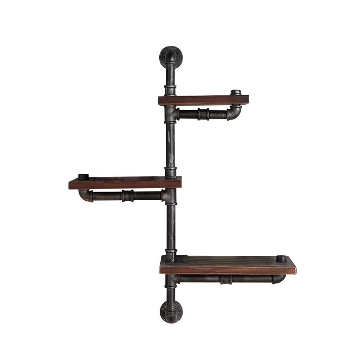 Metal Body Floating Three Wall Shelves with Pipe Design, Gray and Brown - Benzara