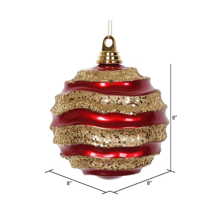 Vickerman 8" Christmas Ornament Wave Ball, Red and Gold Stripe Candy Finish with Glitter Accents, Shatterproof Plastic, Holiday Christmas Tree Decoration