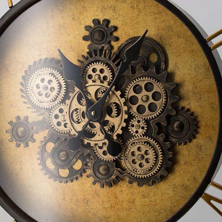 21 Inch Round Wall Clock, Gear Design, Numbered Analog, Gold Bronze Iron - Benzara