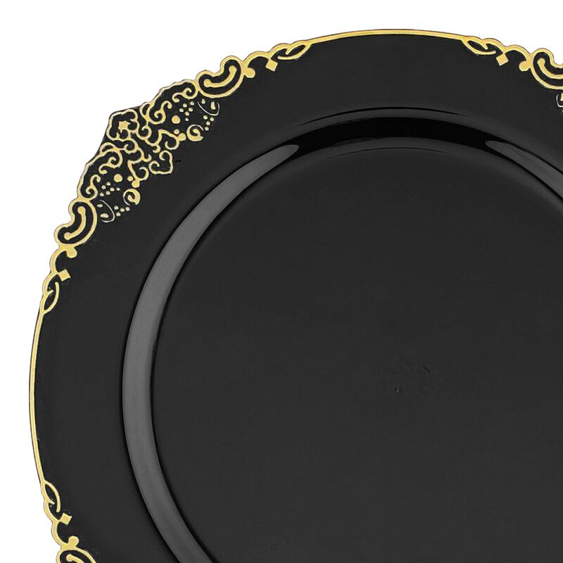 10.25" Black with Gold Fancy Round Plastic Dinner Plates (120 Plates) image number 8