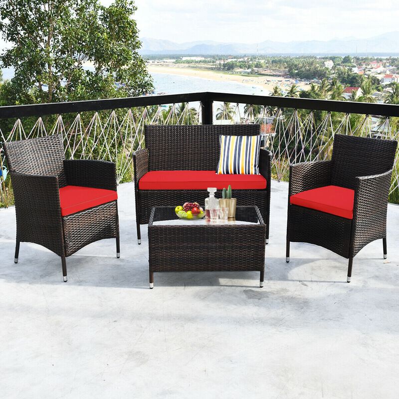 4 Pieces Comfortable Outdoor Rattan Sofa Set with Glass Coffee Table image number 5