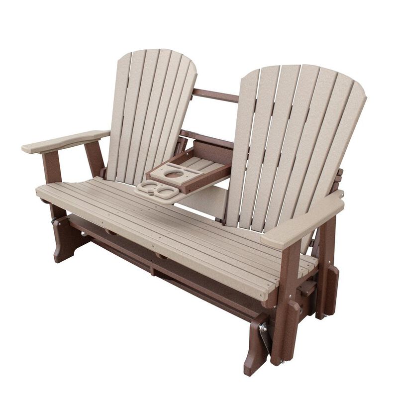 American Furniture Classics Two Seat Fan Back Glider with Drop Down Table/Cup Holder in Weatherwood