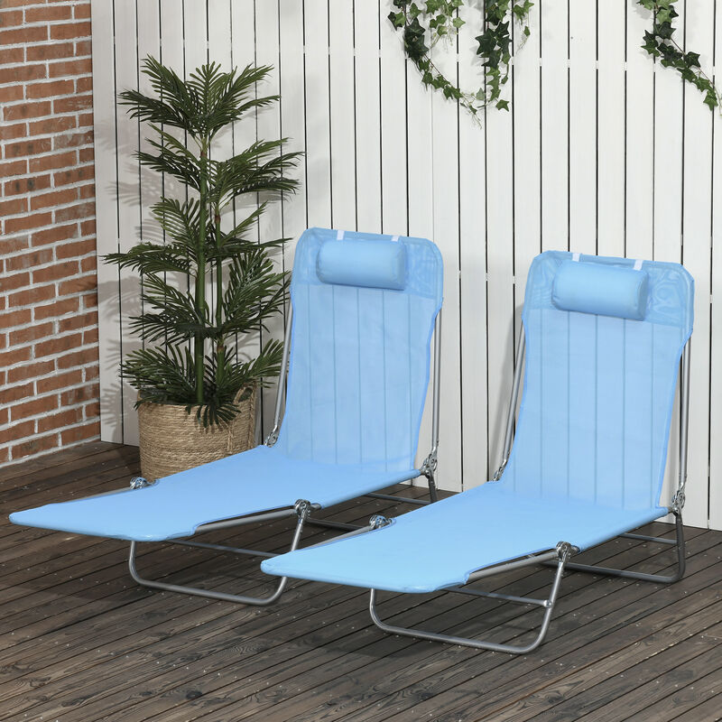Outsunny Folding Chaise Lounge Pool Chairs, Outdoor Sun Tanning Chairs with Pillow, Reclining Back, Steel Frame & Breathable Mesh for Beach, Yard, Patio, Blue