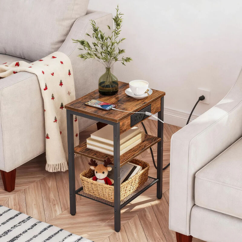 Modern 3 Tier Side Table with Charging Station, USB Port and Storage Shelves image number 6