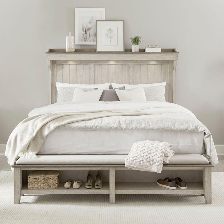 Liberty Furniture Ivy Hollow King Mantle Storage Bed in Weathered Linen Finish w/ Dusty Taupe Tops