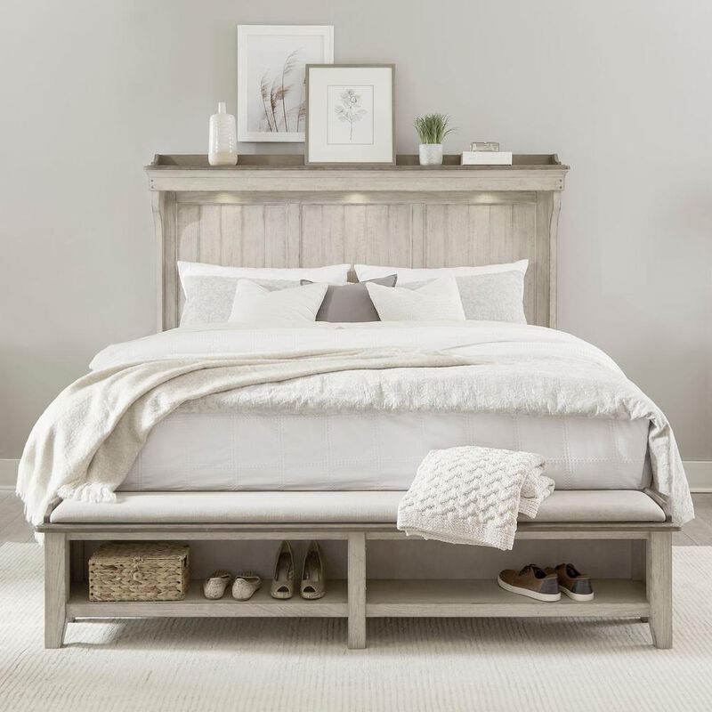 Liberty Furniture Ivy Hollow King Mantle Storage Bed in Weathered Linen Finish w/ Dusty Taupe Tops image number 1