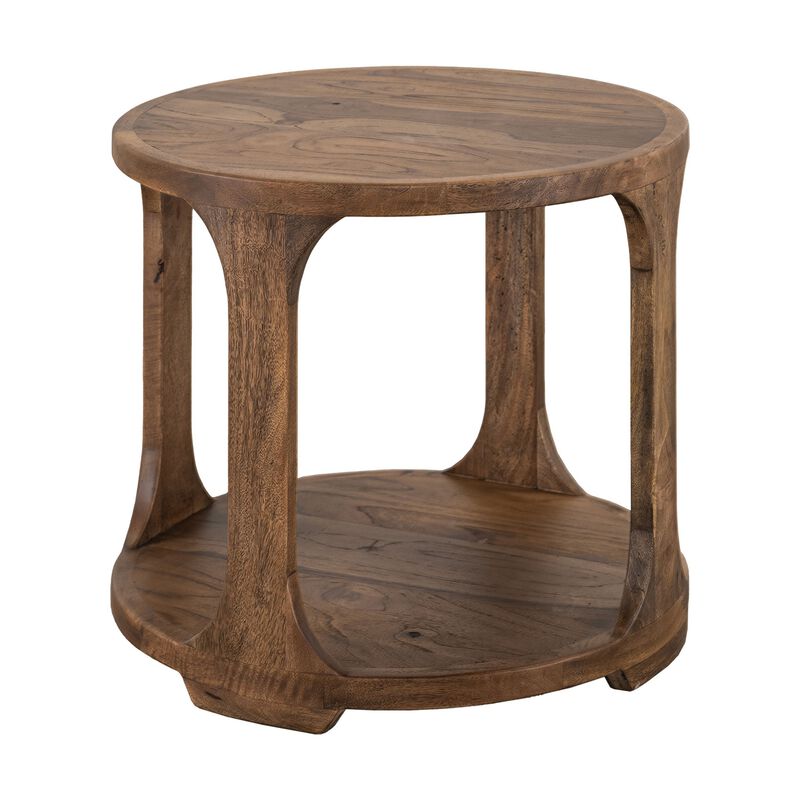 Eray Side End Table, 1 Shelf, Almond Barrel Brown Mango Wood, 26 Inch