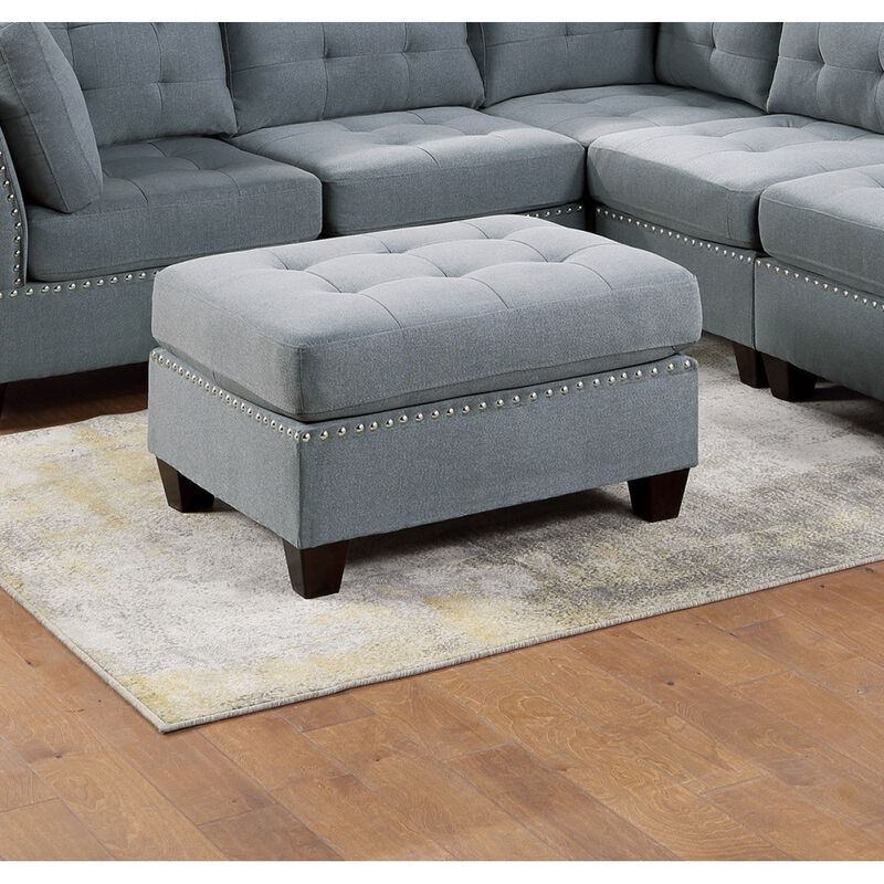Living Room Furniture Tufted Ottoman Grey Linen Like Fabric 1pc Ottoman Cushion Nailheads Wooden Legs