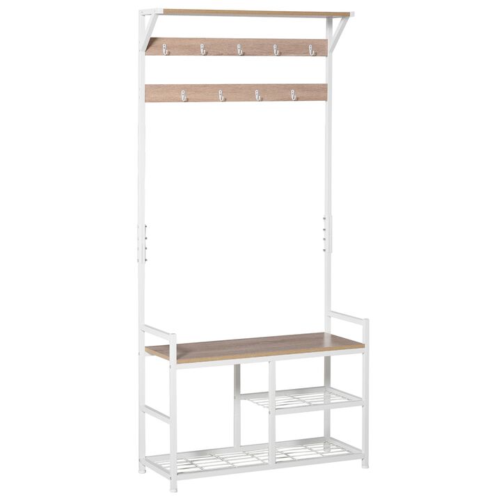 Natural/White Entryway: Hallway Tree Bench with Hooks and Shelves