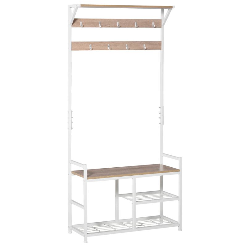 Natural/White Entryway: Hallway Tree Bench with Hooks and Shelves