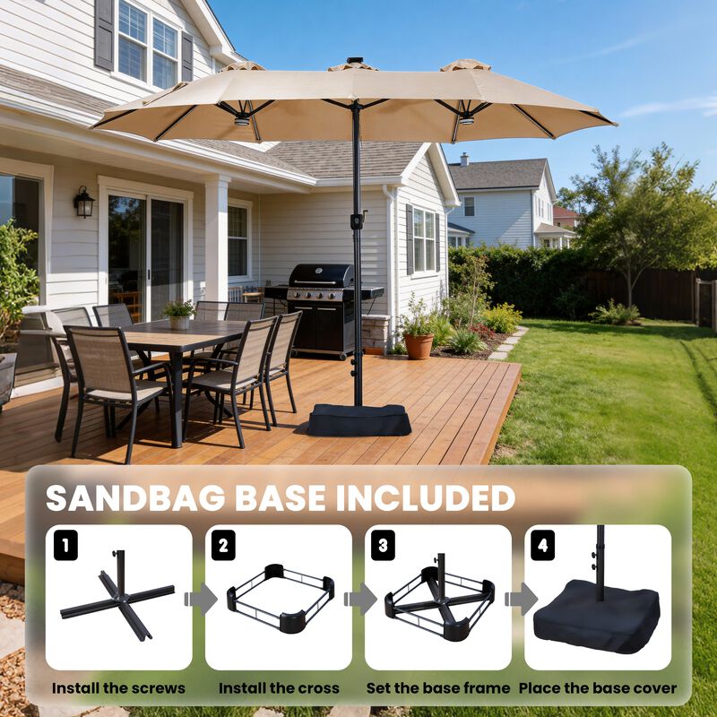 15FT Double-Sided Heavy Duty Solar RGB LED Patio Umbrella with Base, Dual Charging, Crank Handle image number 6